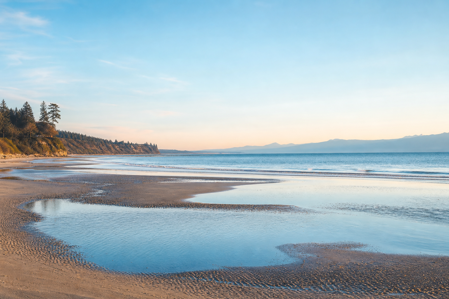 Qualicum Beach low tide with reflective tide pools, calm water, and distant mountains